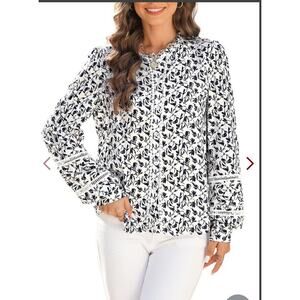 Yijiu Women's Size XXL Black/White Floral Print Long Sleeve Blouse High Neck